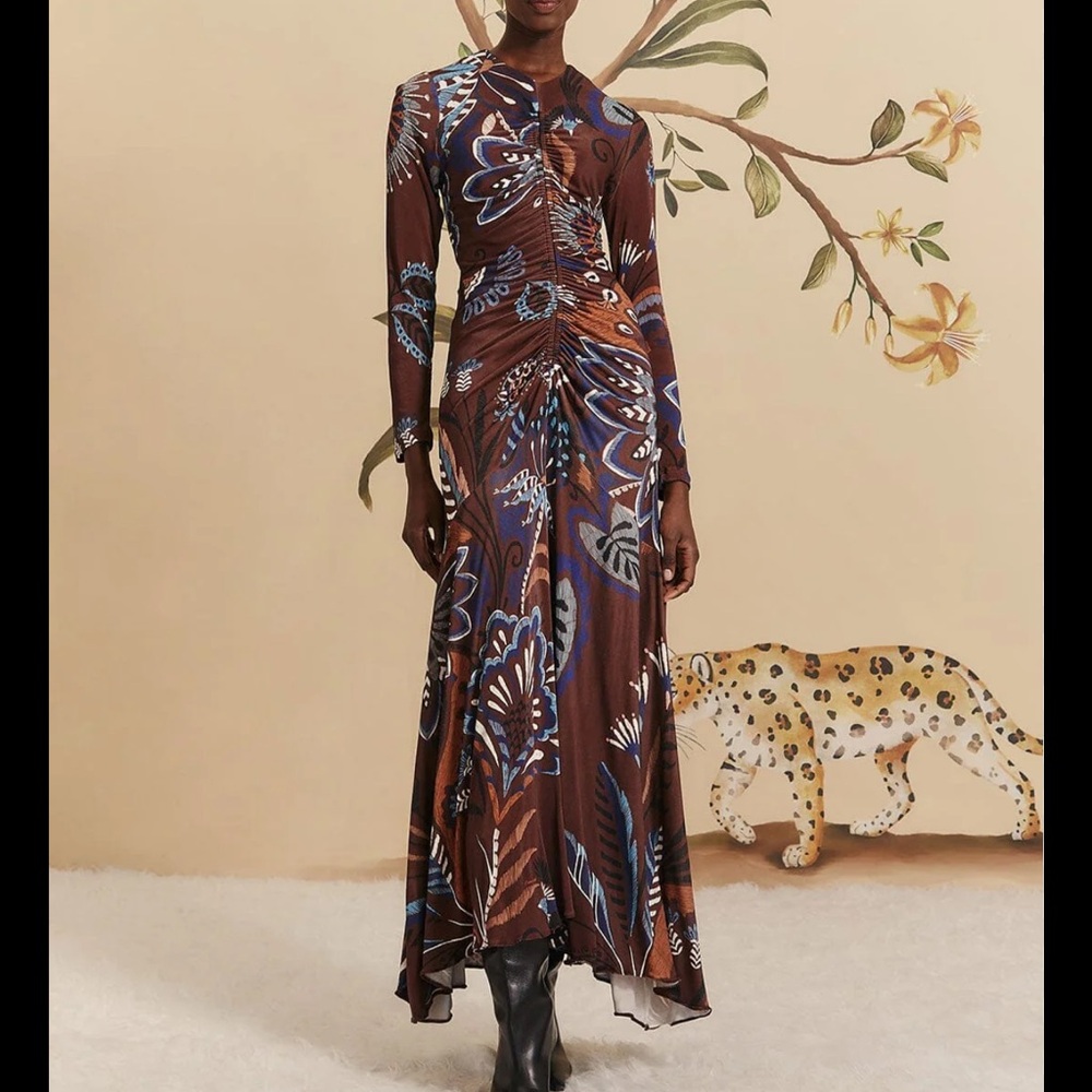 FARM Rio Floral Long Sleeve Maxi Dress - Brown and Blue